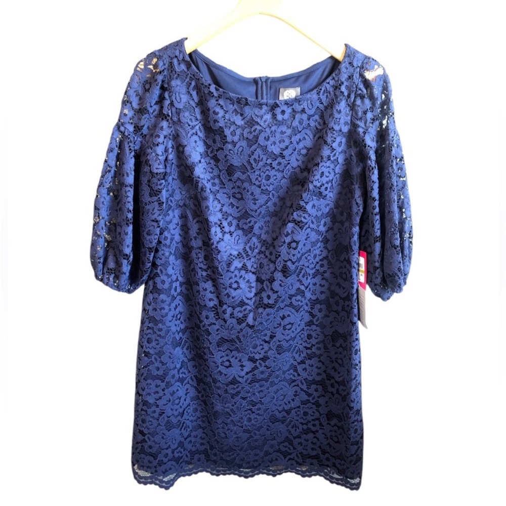 Vince Camuto Navy Lace Bubble Sleeve Shift Dress Size 14 NWT